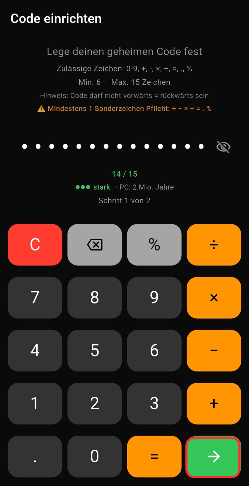 Screenshot: Code einrichten