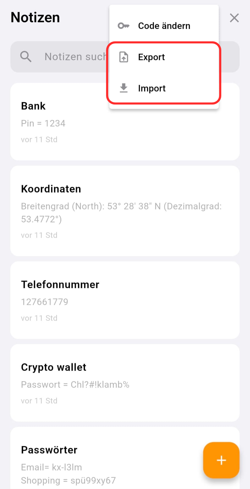 Screenshot: Menü mit Export und Import