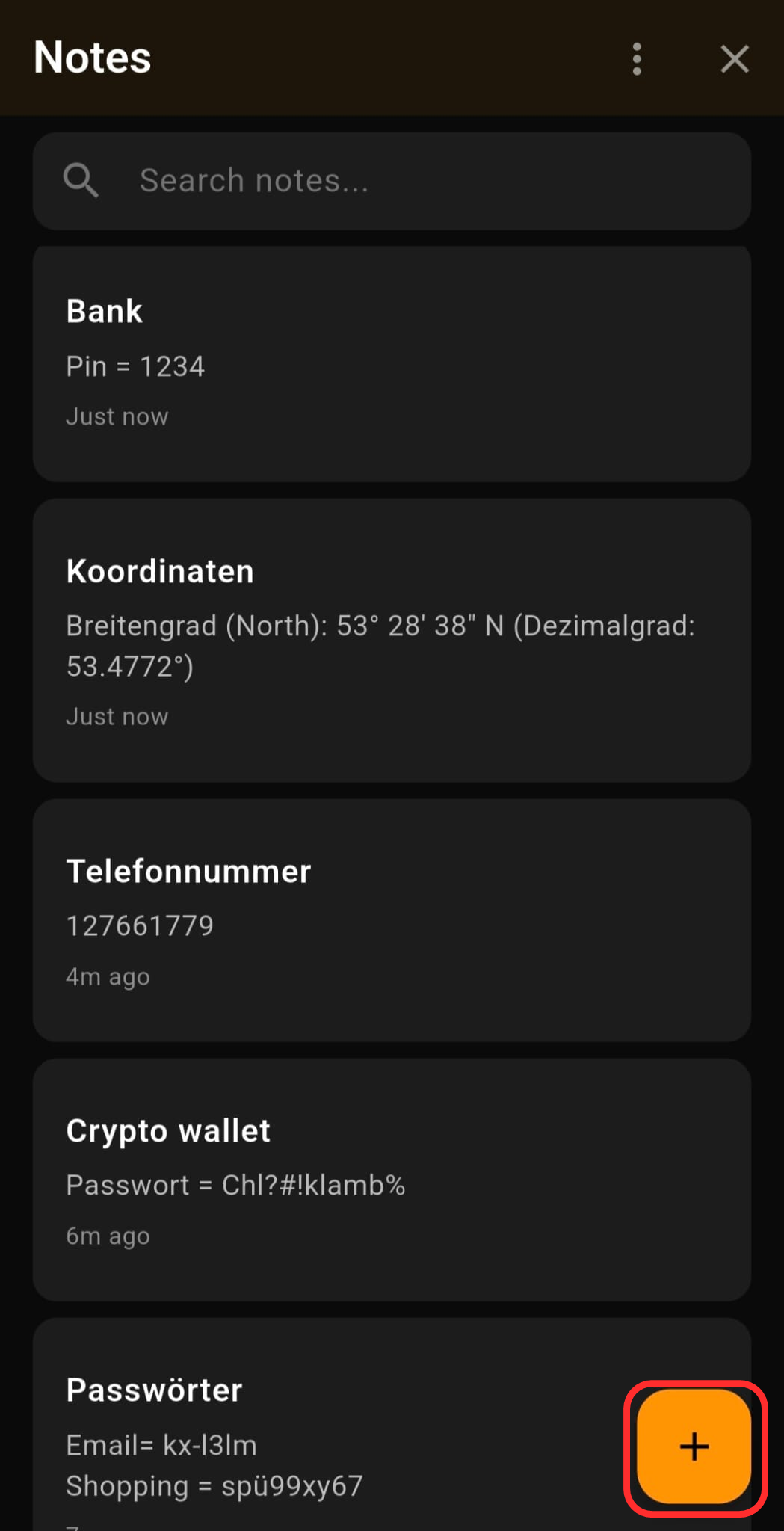 Screenshot: Notizen-Übersicht