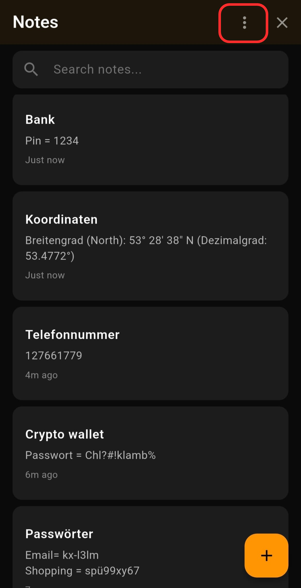 Screenshot: Notizen mit Menü-Button